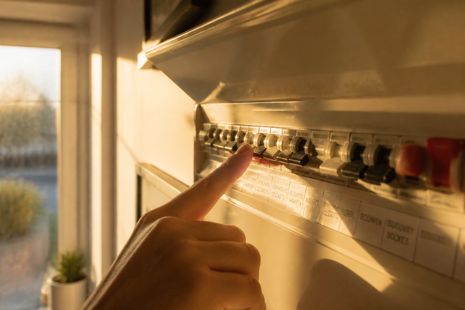 An internal view of a home electrical distribution board showing circuit breakers and wiring.