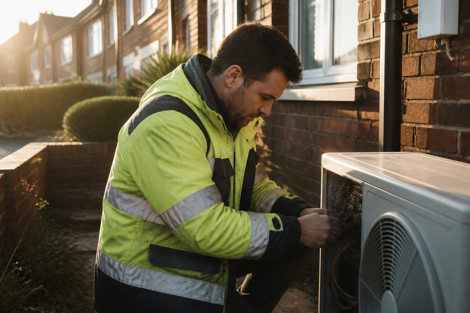 Professional installer inspecting an air source heat pump unit in a suburban residential garden.