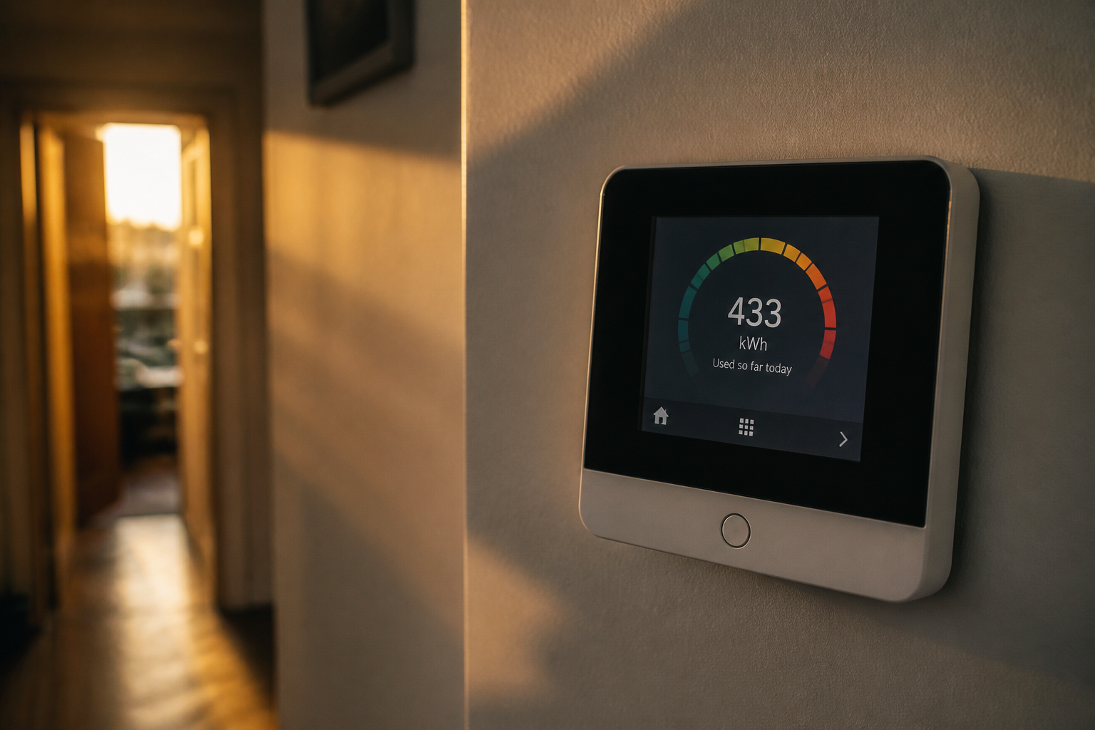 Digital smart meter screen displaying usage data in a residential setting.