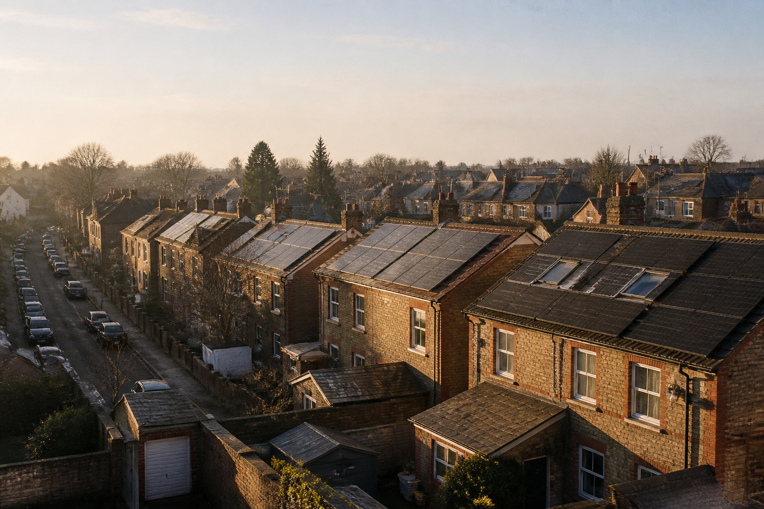 Terraced houses featuring roof-mounted solar panels in a residential area.