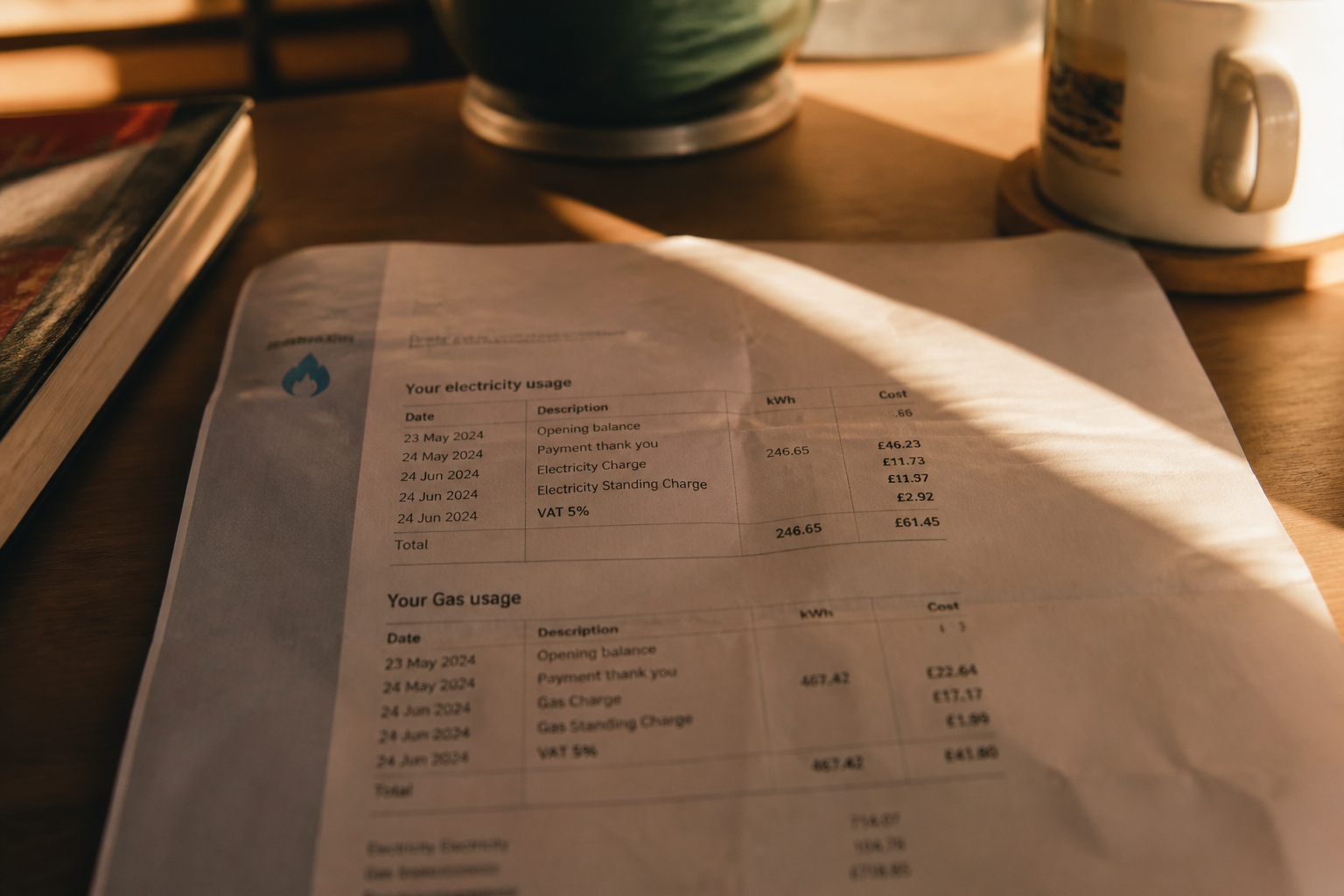 A printed energy bill resting on a table, representing domestic financial management.