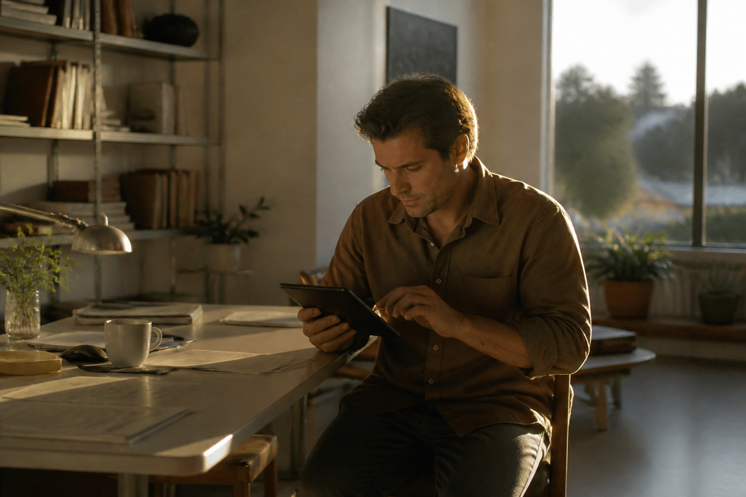 A person looking at a tablet screen while sat at a desk.