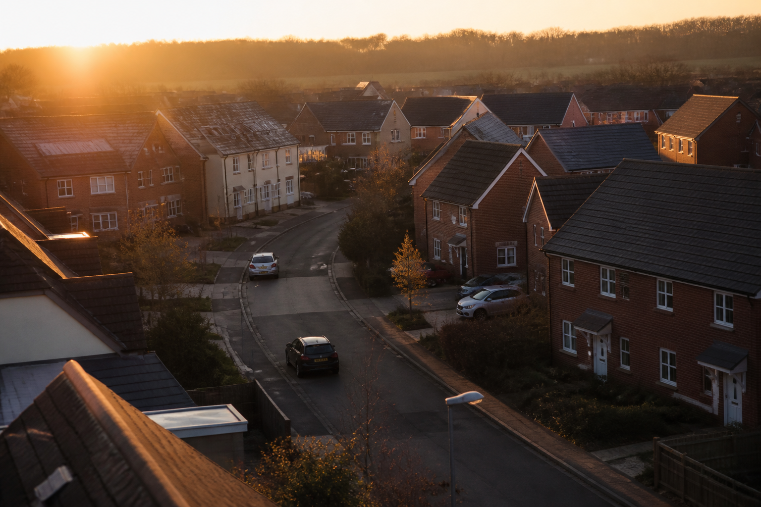 A row of terraced houses in a quiet UK suburb.