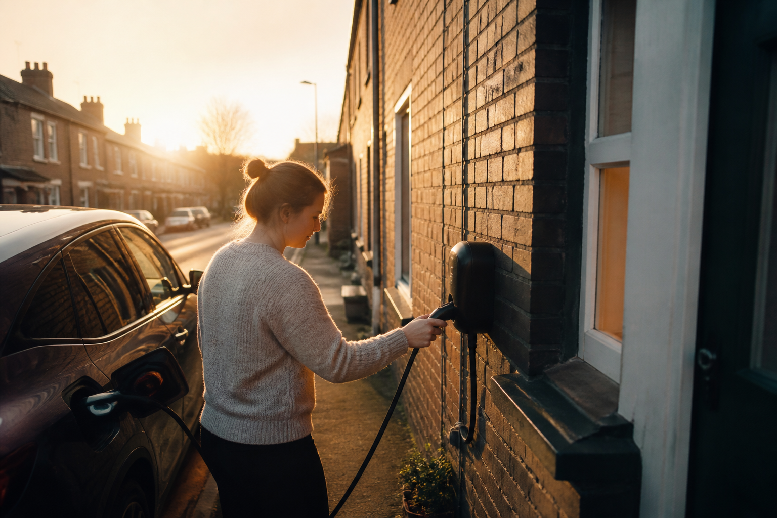 An electric car connected to a wallbox charger on a driveway of a UK home.
