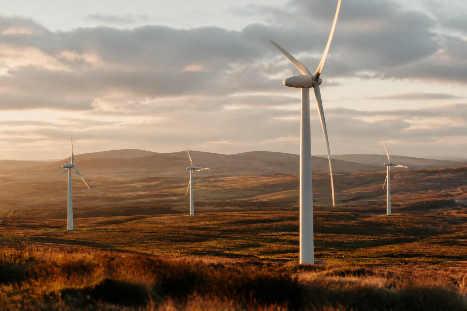 Wind turbines standing in a field during a cloudy day in the UK.