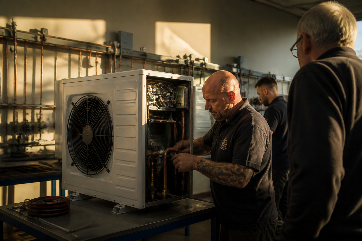 Plumbing and heating engineers receiving technical training on an air source heat pump unit.