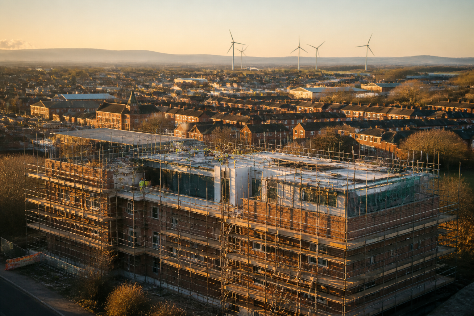 A bustling UK renewable energy worksite representing the expansion of the clean energy sector.