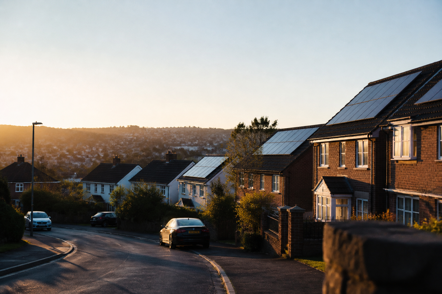 Row of terraced houses with solar panels installed on roof tiles.