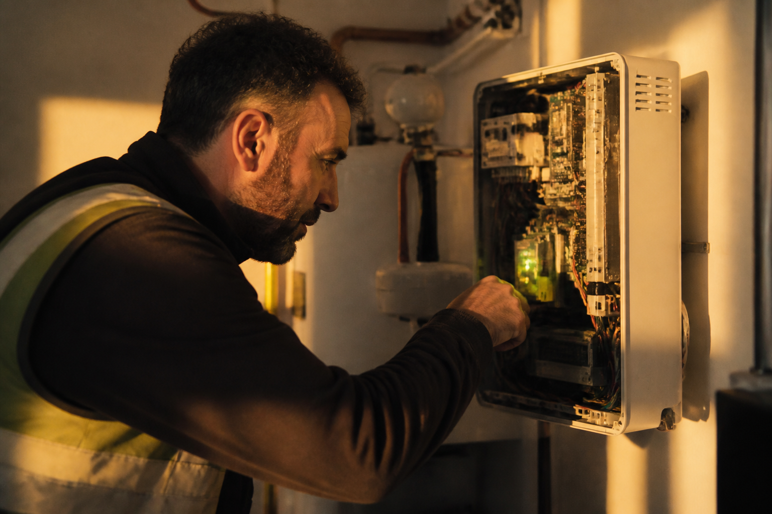 A technician wearing a high visibility vest inspecting home energy equipment.