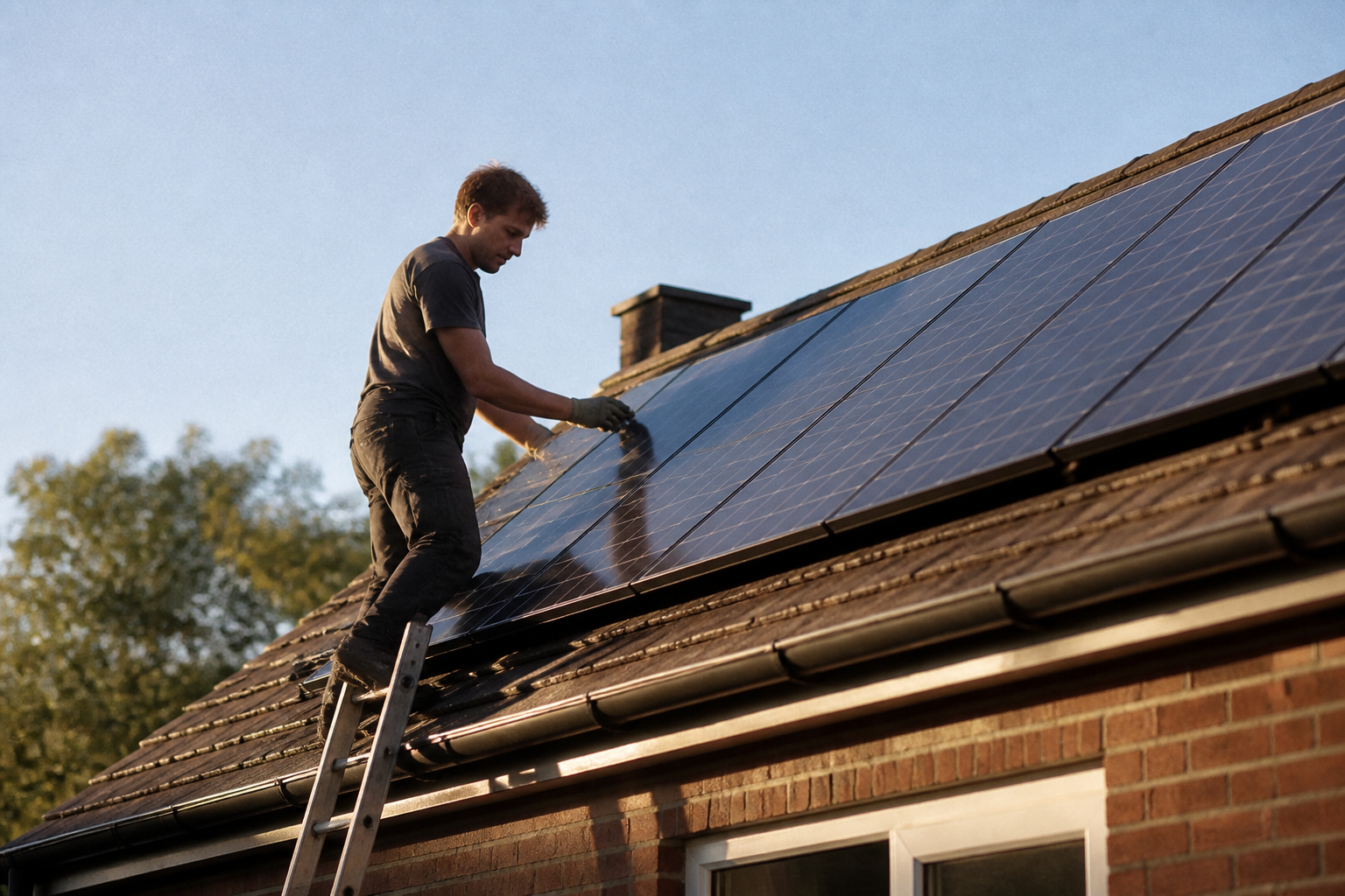 A solar technician looking at solar panels on a house roof.