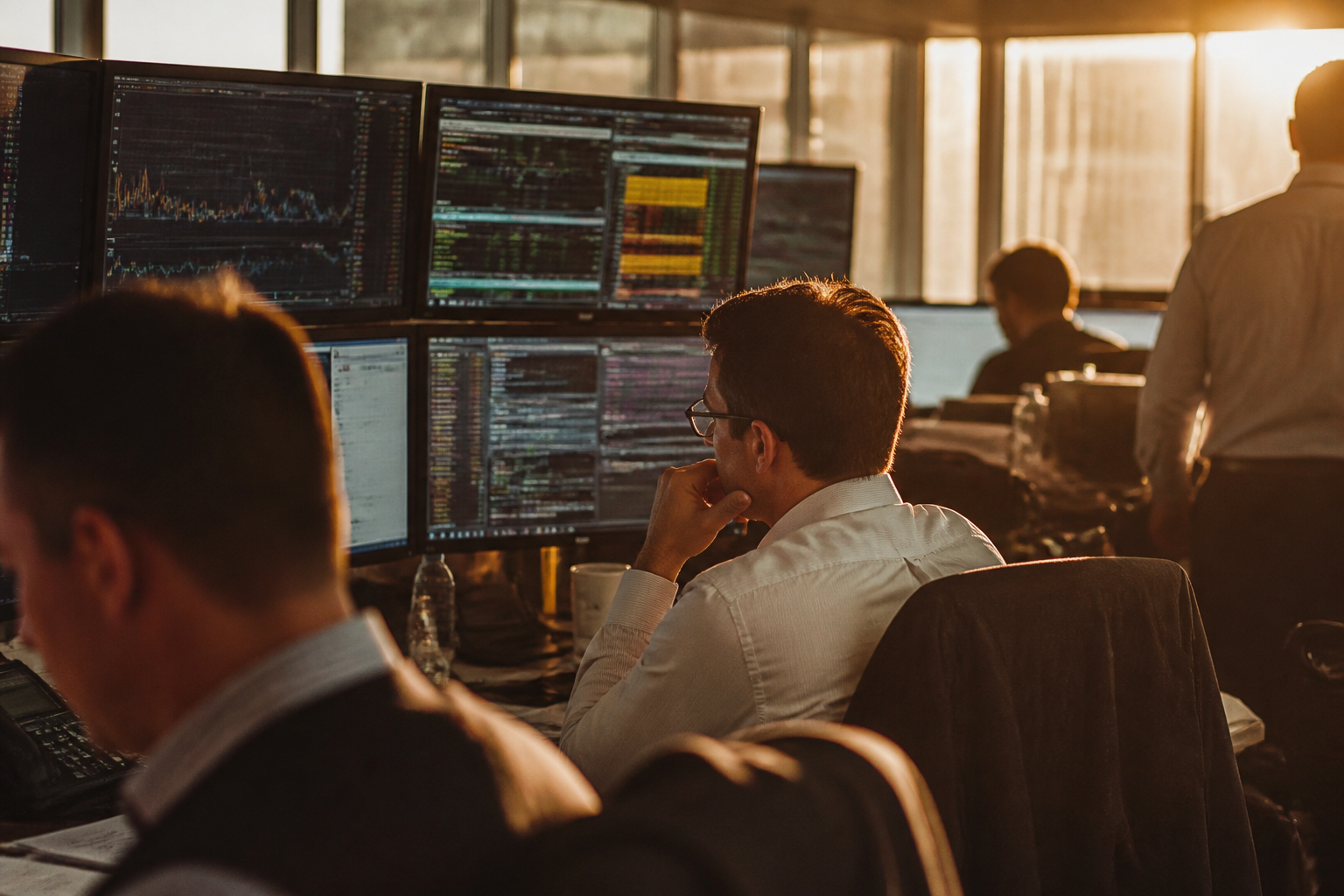 A clean, modern office environment showing data-heavy dashboards on multiple screens, representing efficient finance operations.