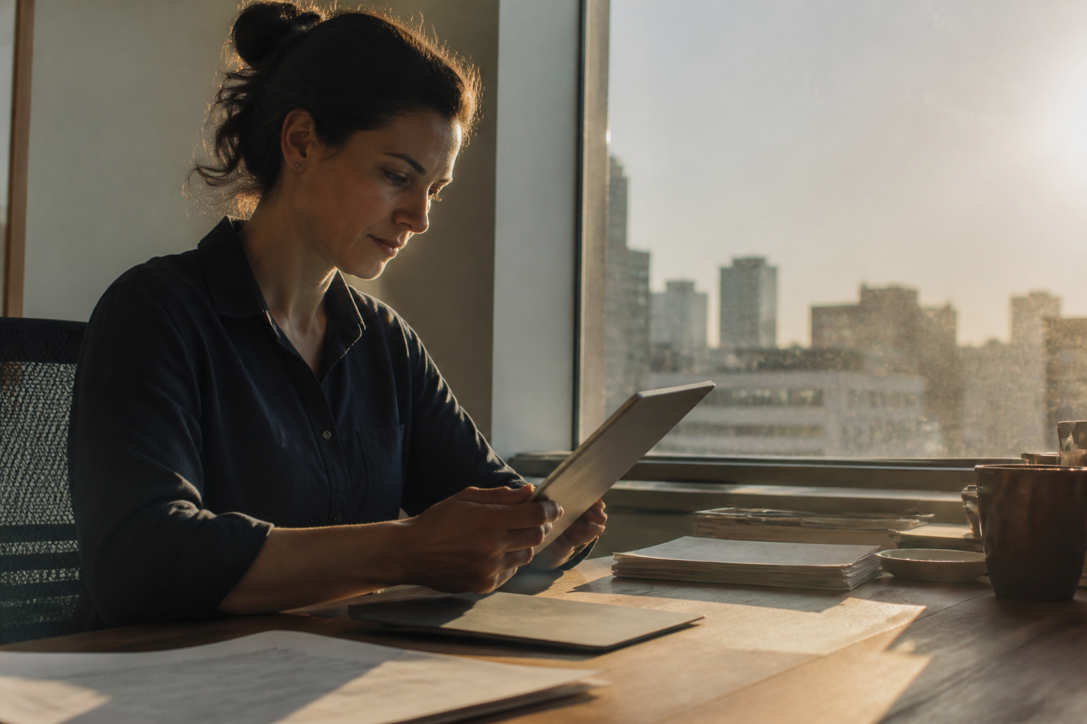 A professional working on a laptop at a bright, clean desk, focusing on data and business documentation.