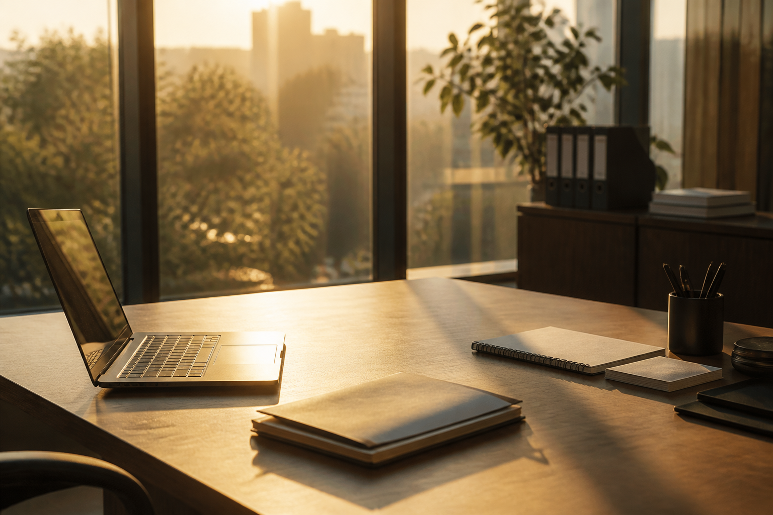 A clean office desk in a professional, modern environment, symbolizing organized and efficient business operations.