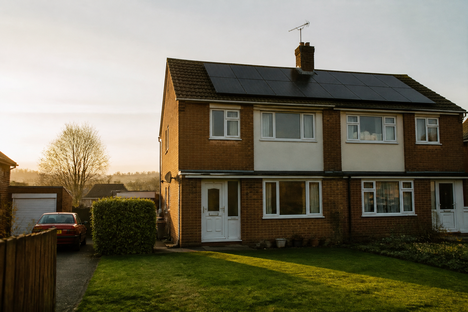 A row of modern British homes featuring solar panels on their roofs under an overcast sky.