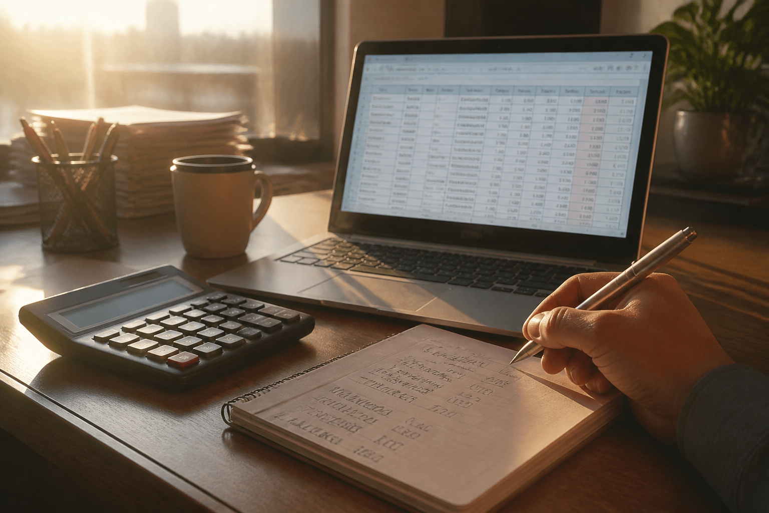 A professional desk setup featuring a laptop with payroll data visible, reflecting a modern office environment.