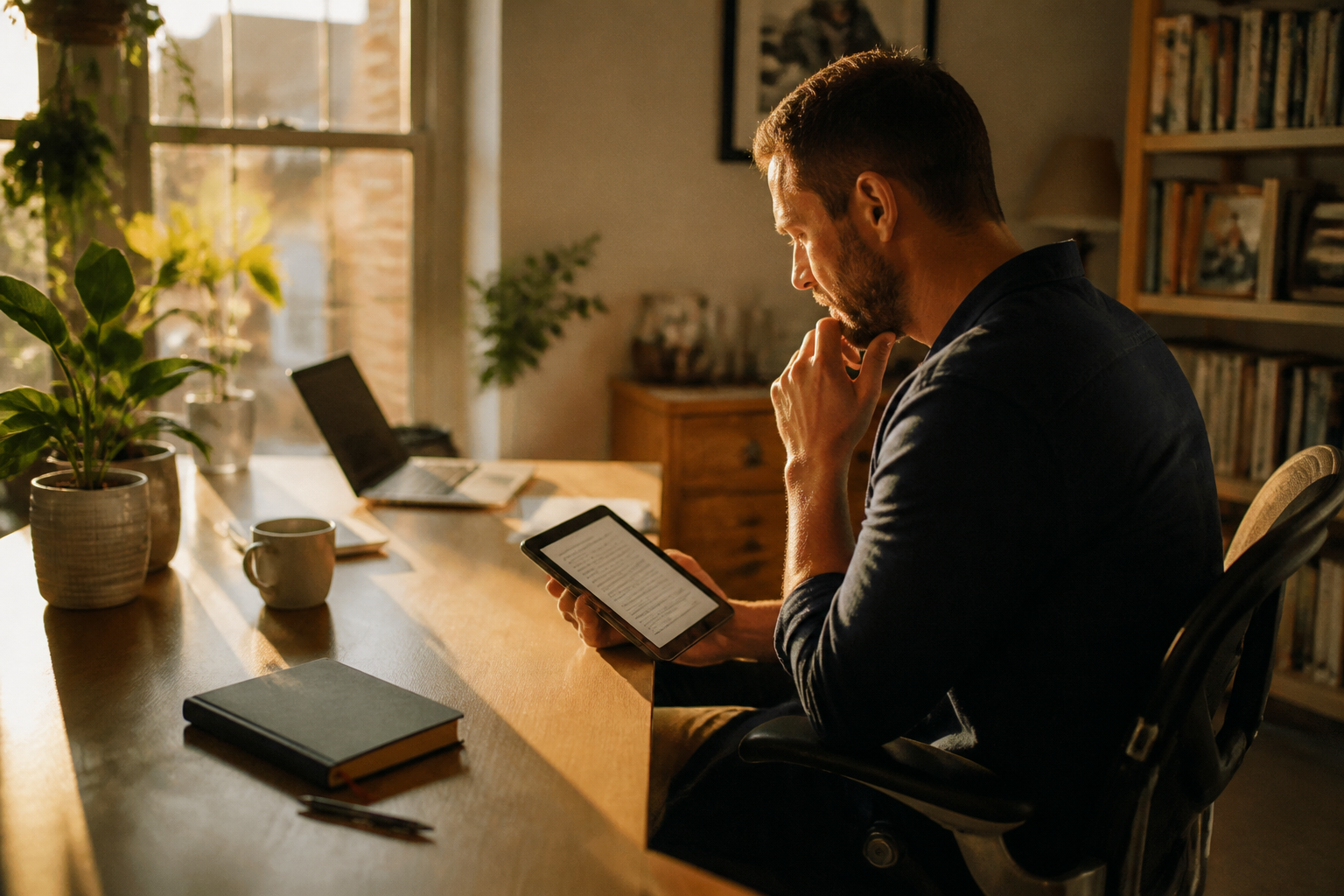 An employee reviewing a car leasing contract on a tablet in a home office.
