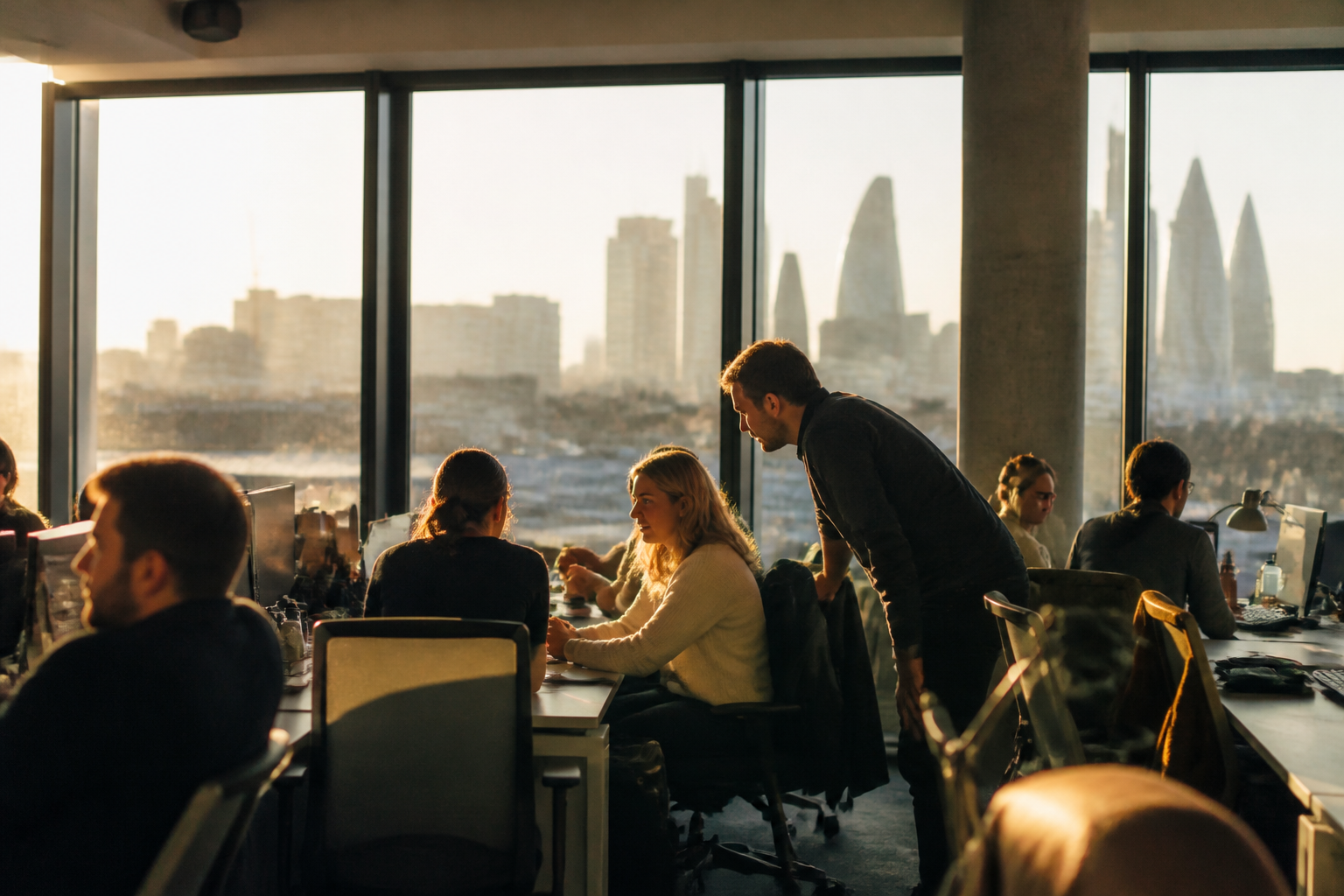 A vibrant London office environment with staff working at desks.