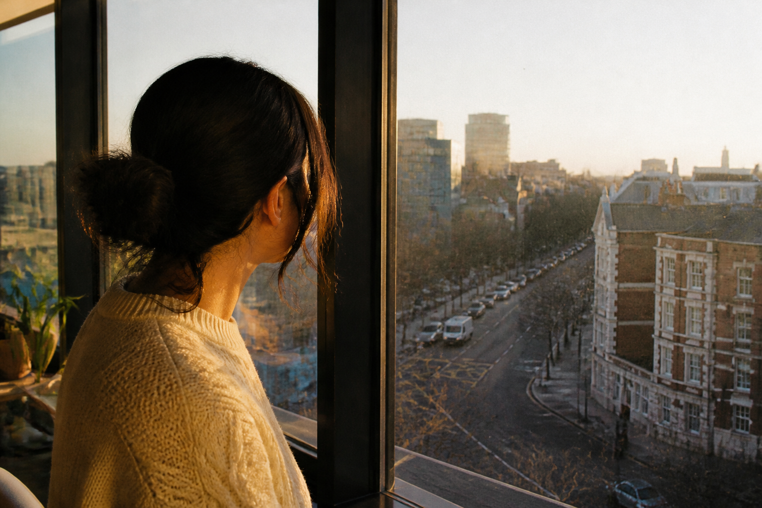 A person observing the street from a modern home window.