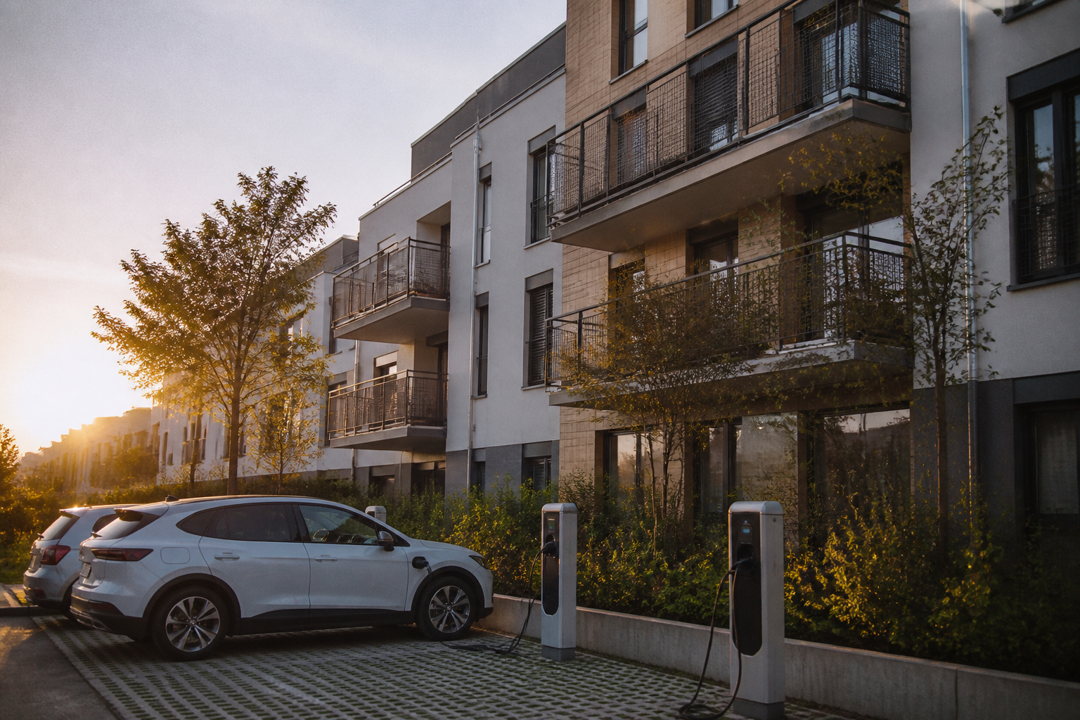 A contemporary residential building featuring sustainable energy technology.
