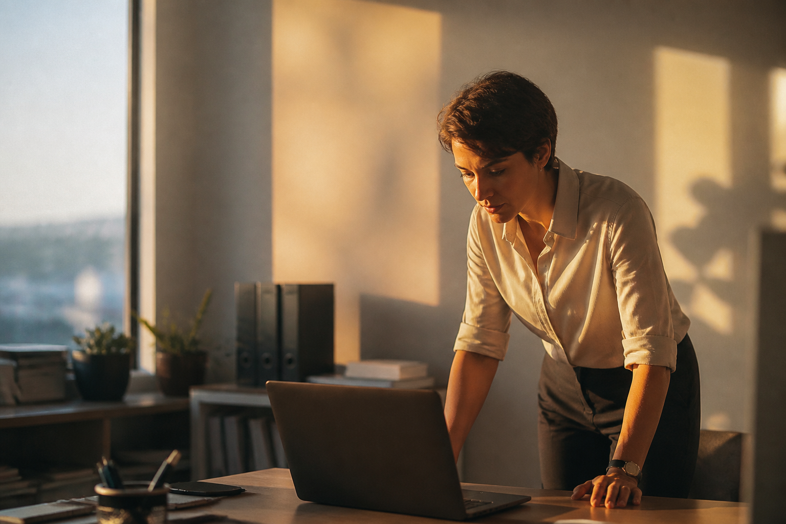 A professional checking data on a laptop in an office environment.