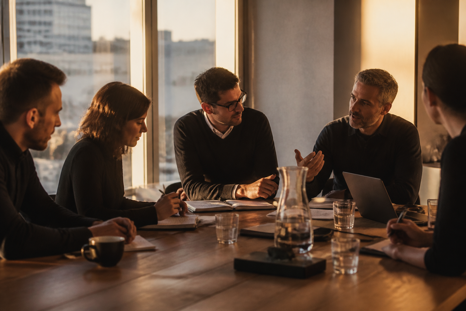 Office team discussing financial strategy.