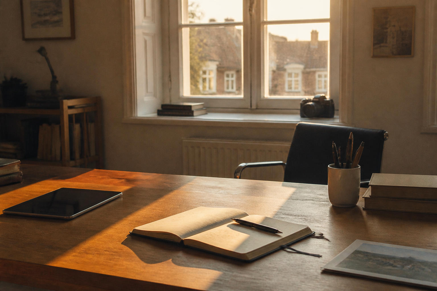 A clean desk setup showing professional stationery and a tablet in a bright office environment.