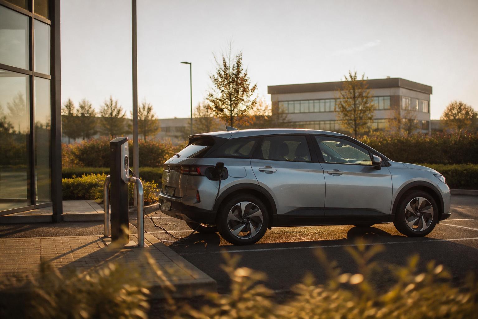 An electric car plugged into a public charging station in an urban setting.