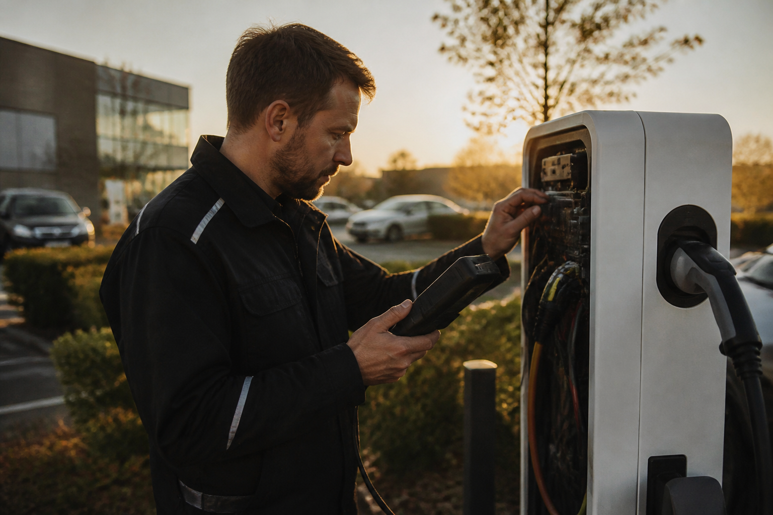 A technician working on a commercial electric vehicle charging point.