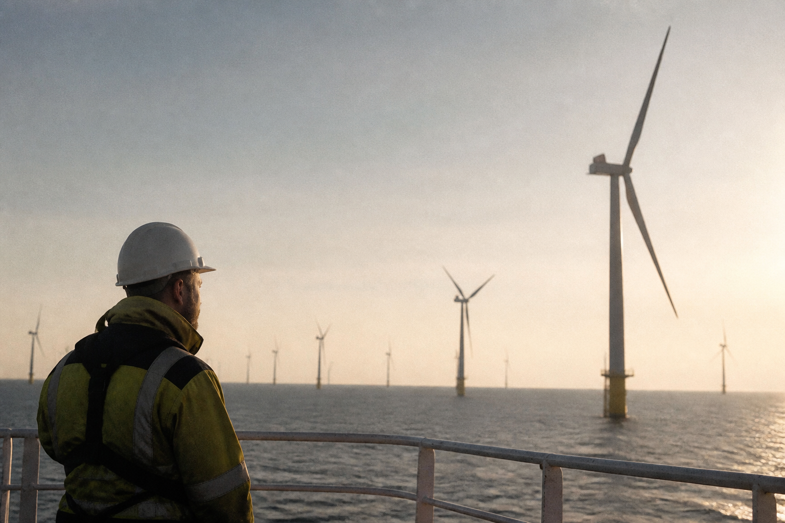 Offshore wind turbines standing in the sea under a cloudy sky.