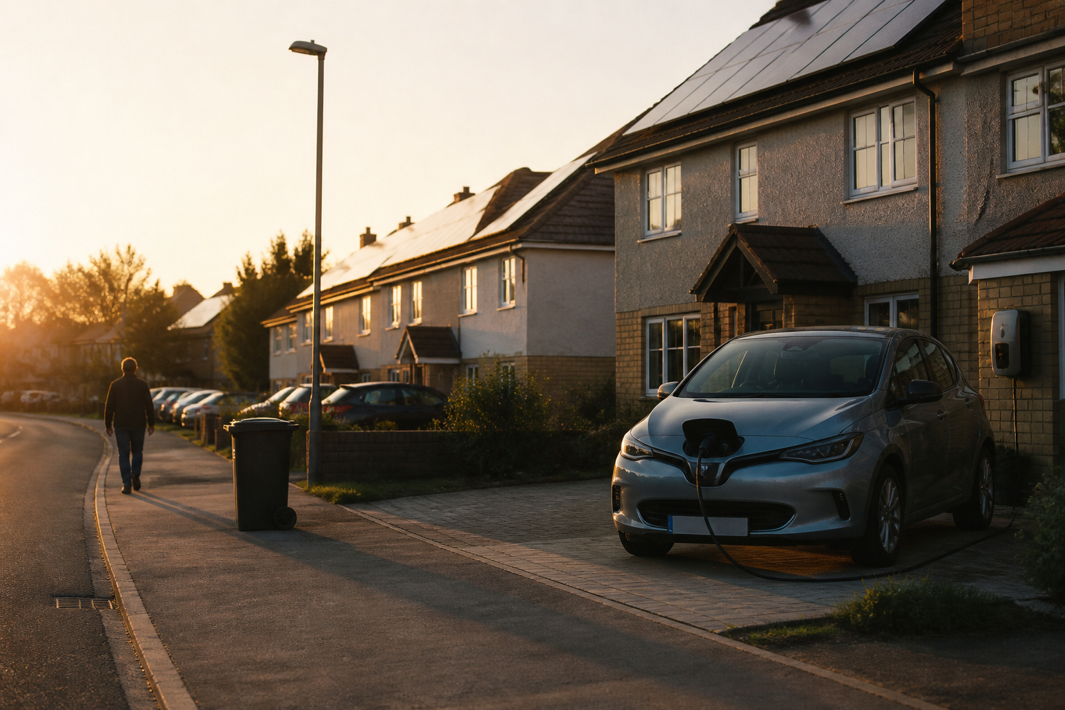 A row of UK houses with solar panels and an electric vehicle charger visible on the front drive.