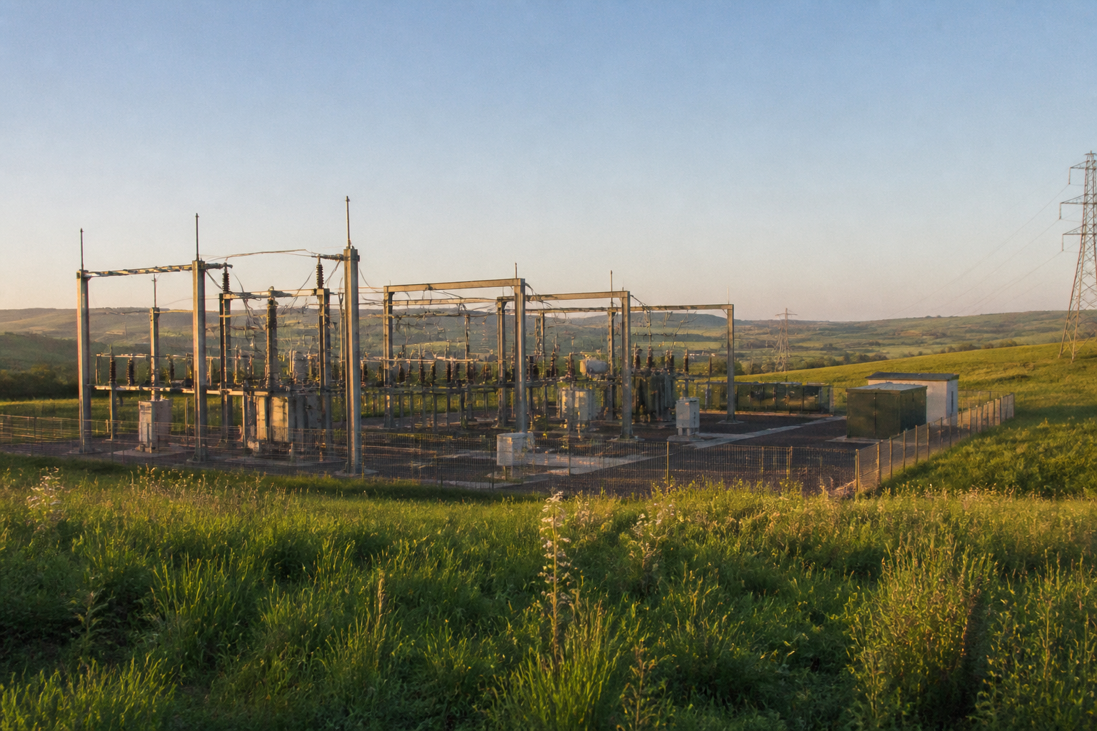 A modern electricity substation featuring grey infrastructure set within a lush green UK countryside landscape.