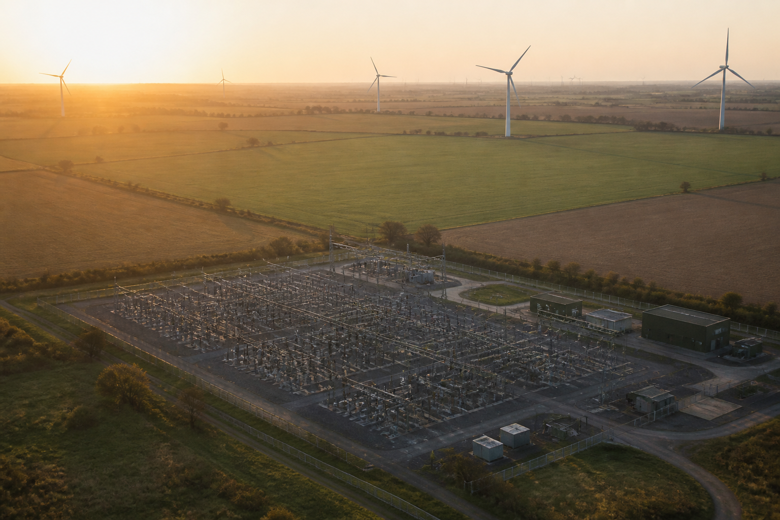 Aerial shot of a UK electrical substation.