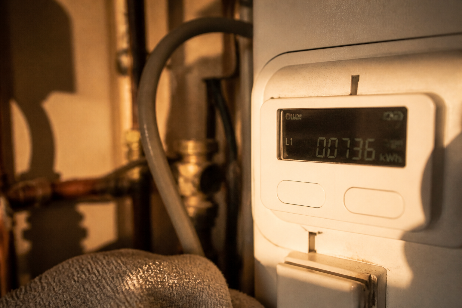 Smart meter display showing energy consumption data.