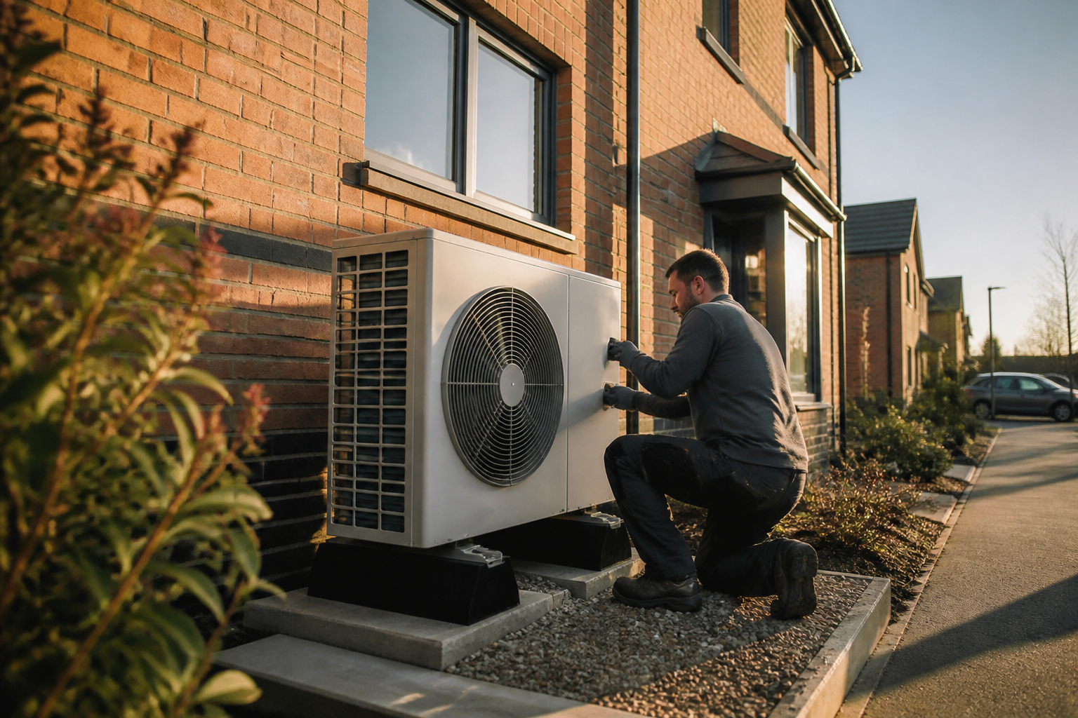 A qualified engineer inspecting a modern domestic heat pump unit outside a residential building.