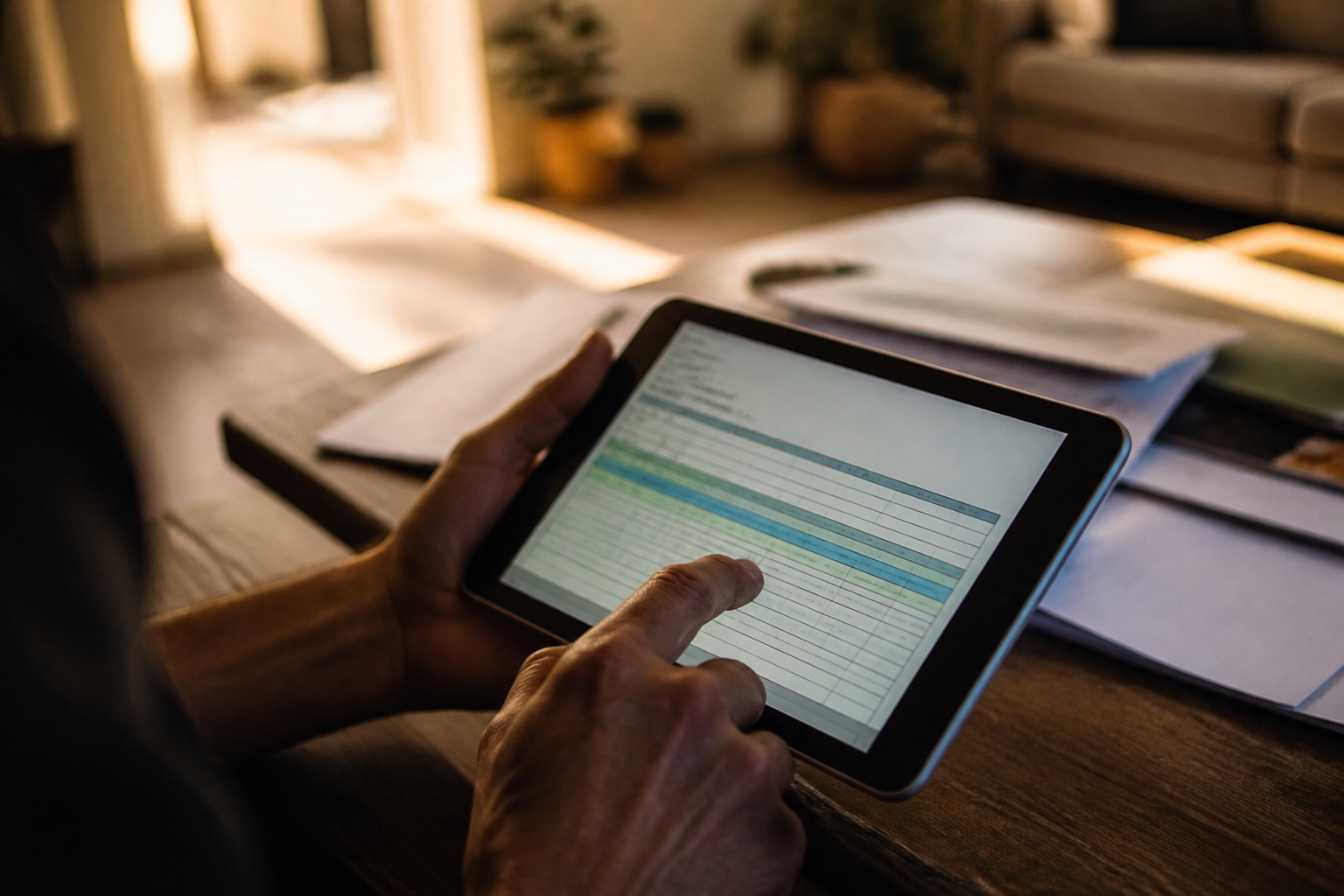 A professional checking an installation schedule on a digital tablet.