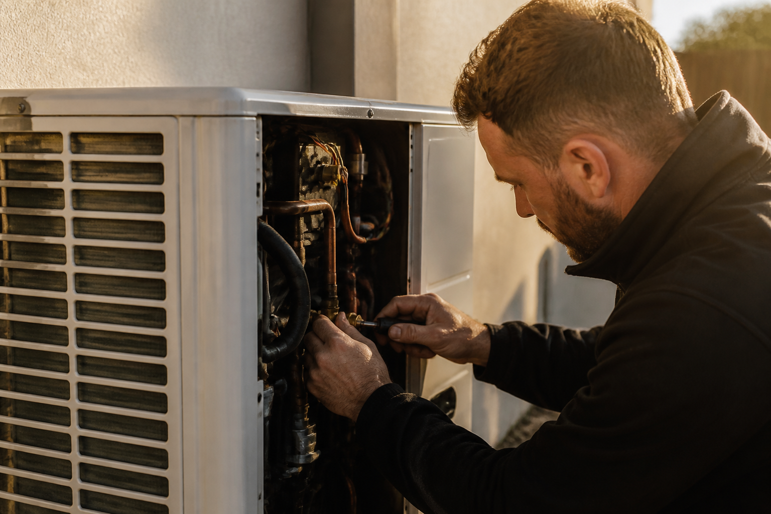 An engineer installing an air source heat pump in a residential garden.