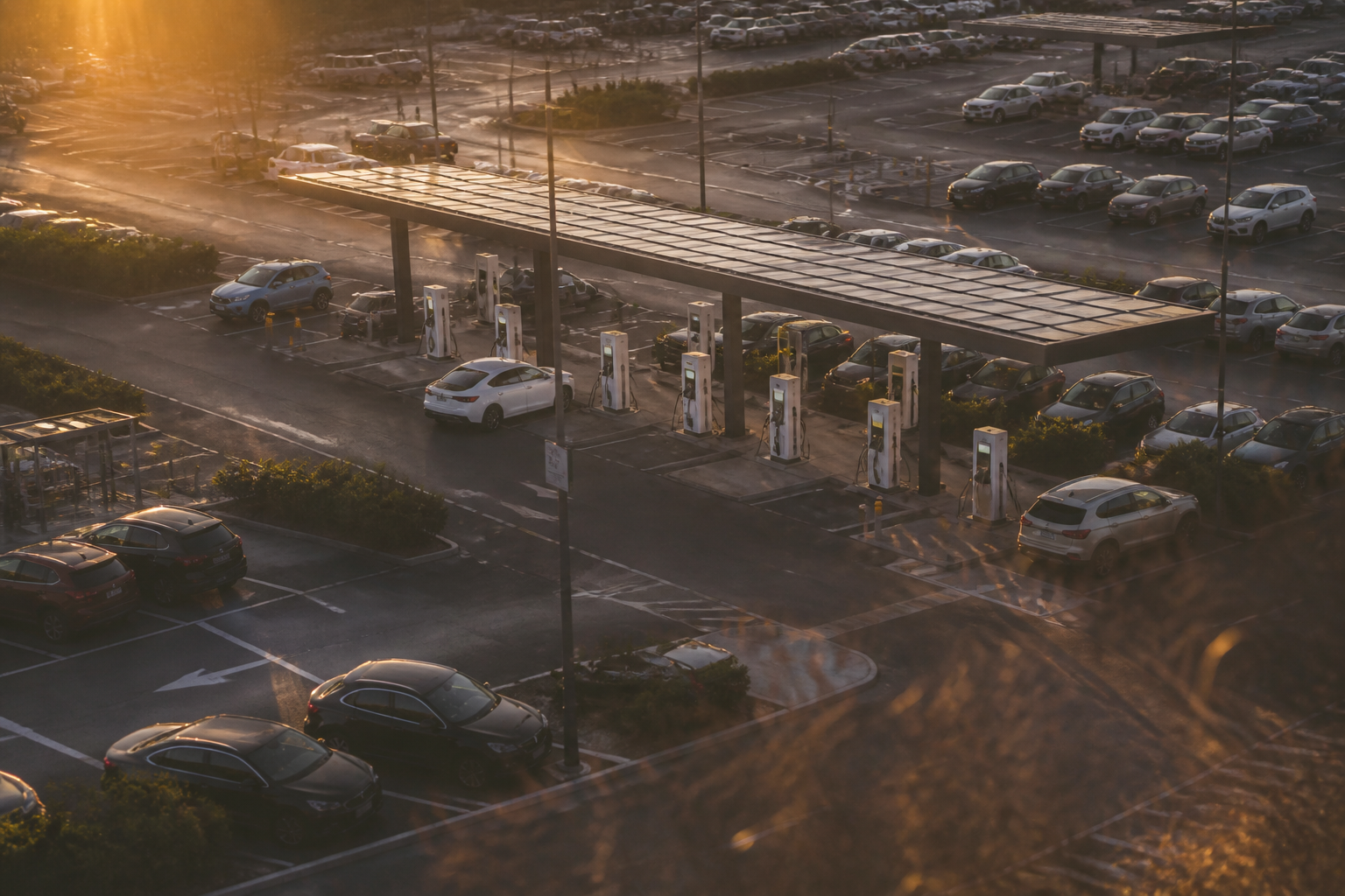 A rows of electric vehicles parked at charging stations under a clear sky.
