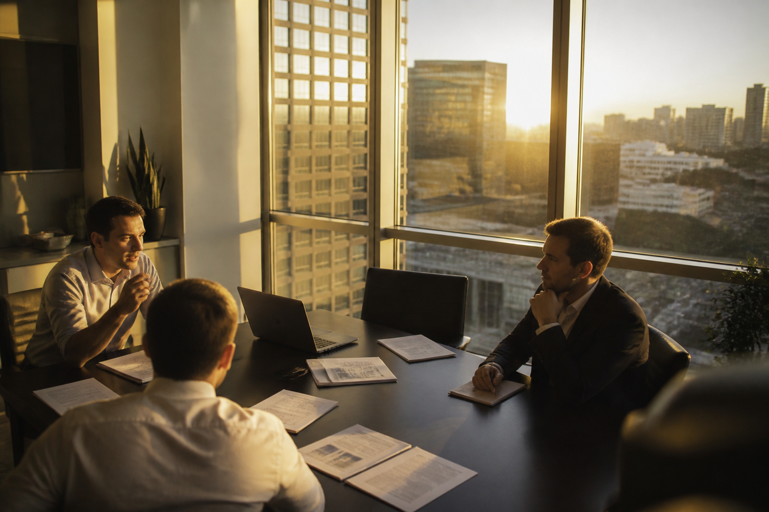 A professional boardroom set up with financial documents and a laptop, reflecting a business environment focused on strategic planning.