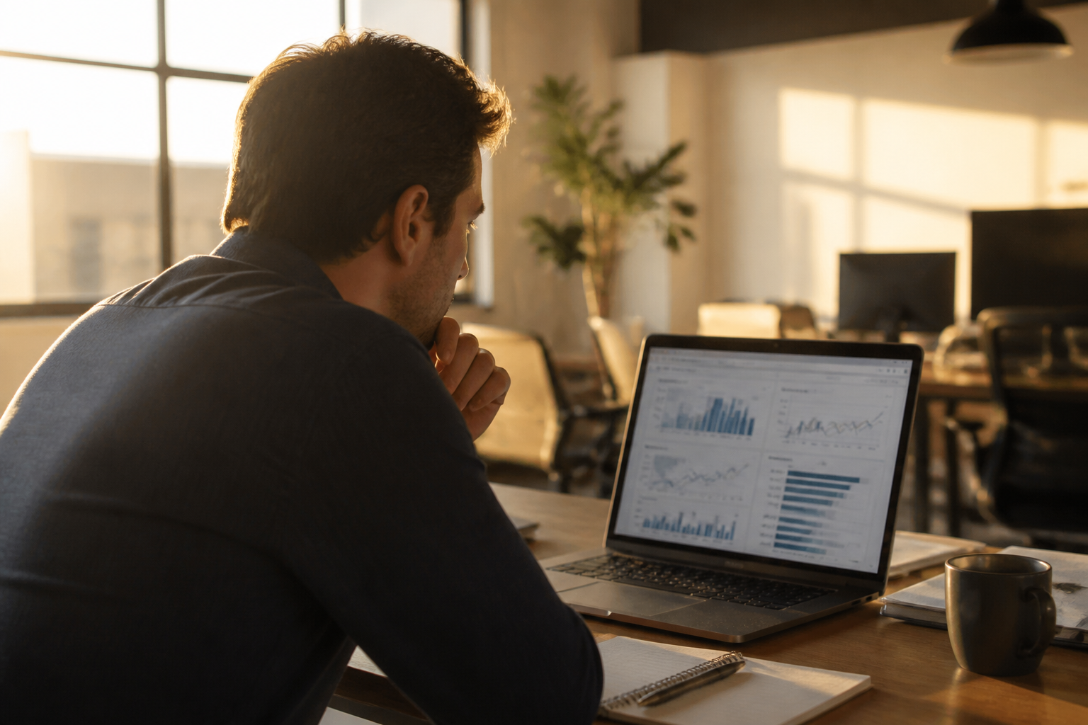 Financial director reviewing data on a laptop in a bright, contemporary UK office setting.