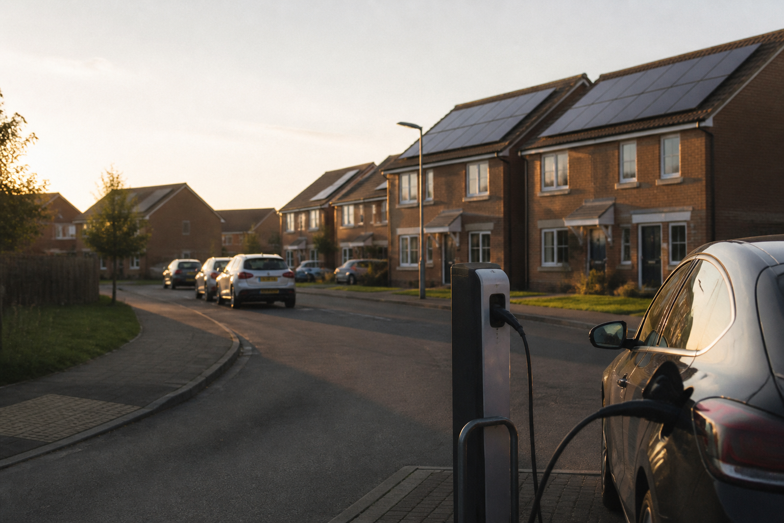 Residential street featuring green technology adoption like rooftop solar and domestic EV charging points.