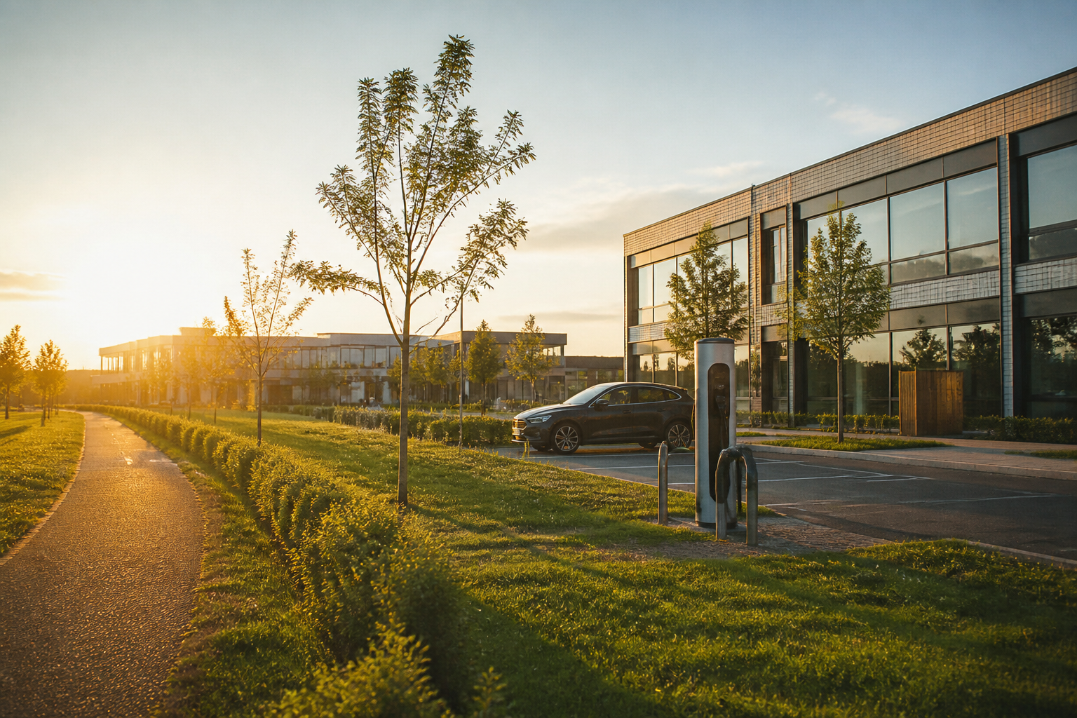 Modern UK office park featuring green infrastructure and charging points for sustainable travel.