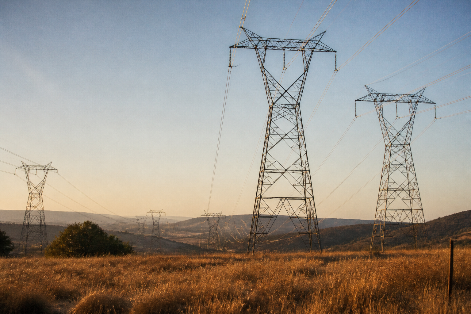A row of steel electricity pylons crossing a grassy valley.