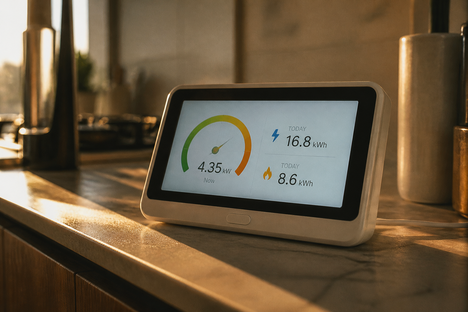 A digital energy monitor displaying power usage statistics on a home kitchen wall.