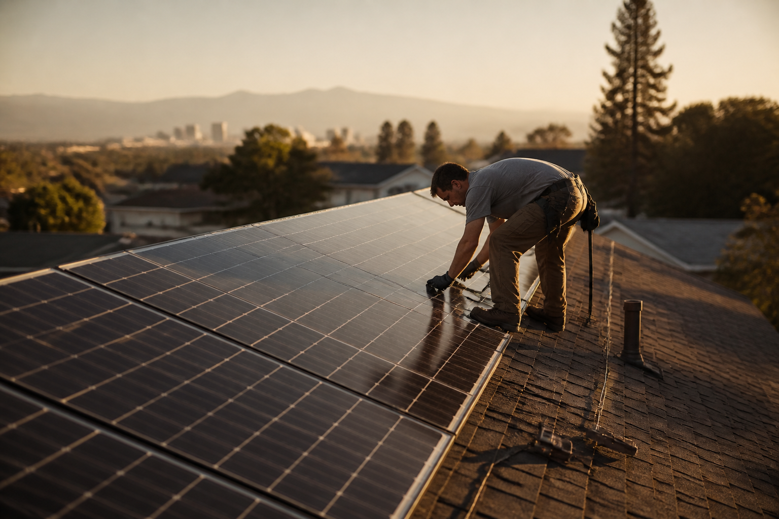 A view of residential rooftop solar panels against a blue sky.