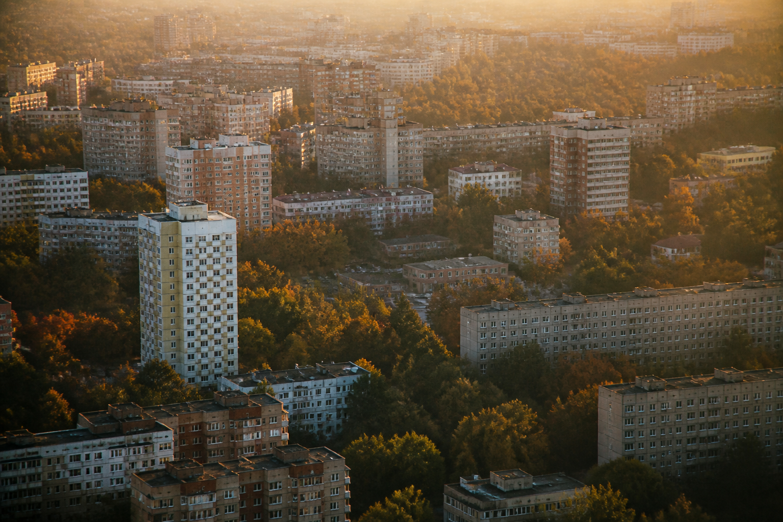 Aerial shot of dense urban housing with potential for district heating infrastructure.