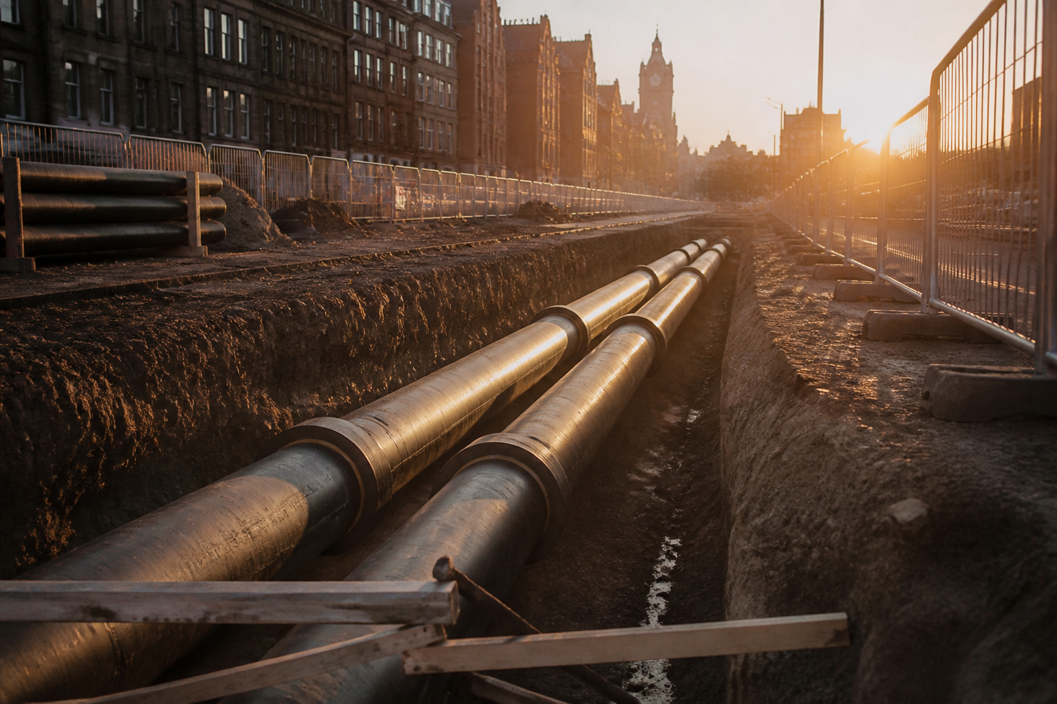 Pipes being installed for a district heating network in a UK city.