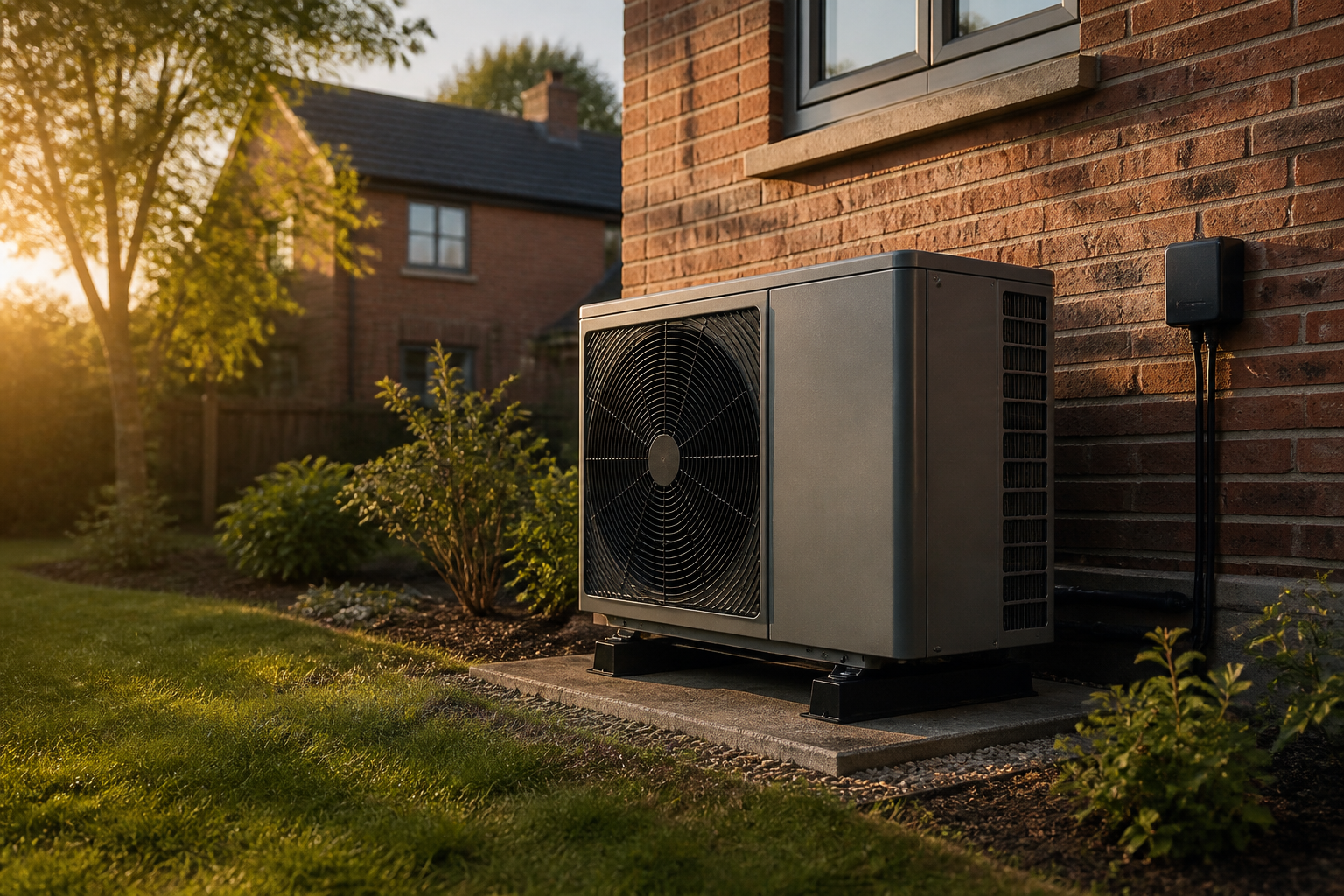 A modern heat pump unit installed outdoors against the side of a traditional brick house.
