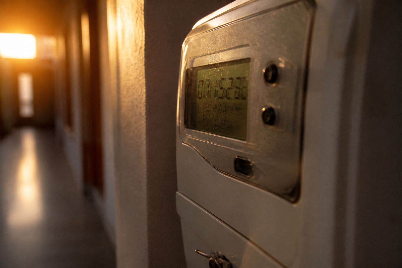 A digital smart meter screen showing energy usage data in a residential setting.