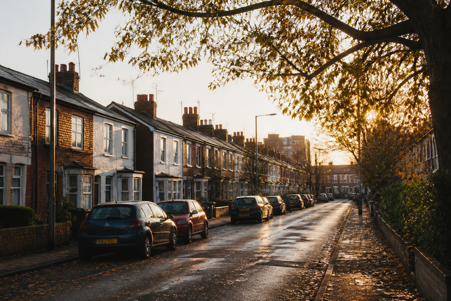 Standard British suburban homes seen during the day.