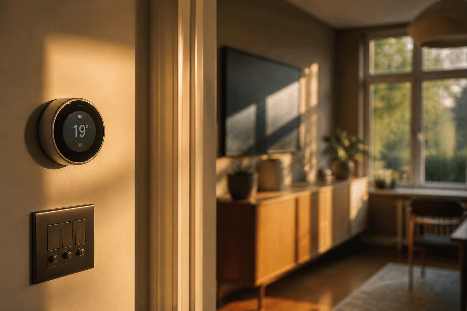 A wall-mounted digital home climate control panel.